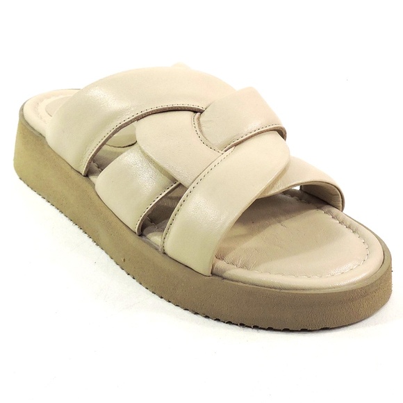 PAOLA FABIANI 🇮🇹 WOMEN'S BEIGE LEATHER COMFORT FLAT PLATFORM MULES - Picture 3 of 7